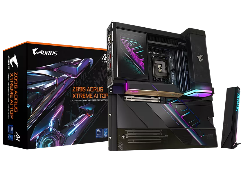 High-quality visual representation of the Gigabyte Z890 AORUS Tachyon ICE CAMM2 motherboard in a modern tech environment, showcasing performance enhancement features.
