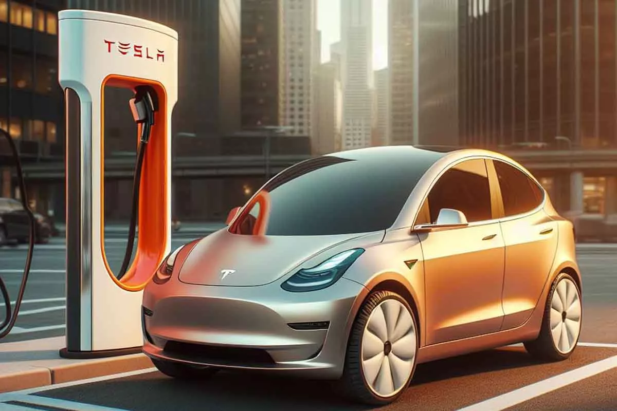 Futuristic low-cost Tesla electric car in an urban landscape showcasing sustainability and advanced technology.