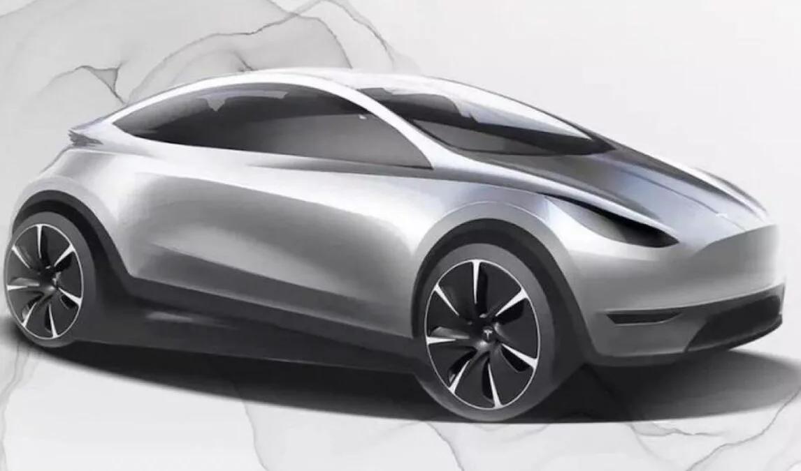Futuristic low-cost Tesla model set to launch in 2025, featuring a sleek design and a vibrant city background.