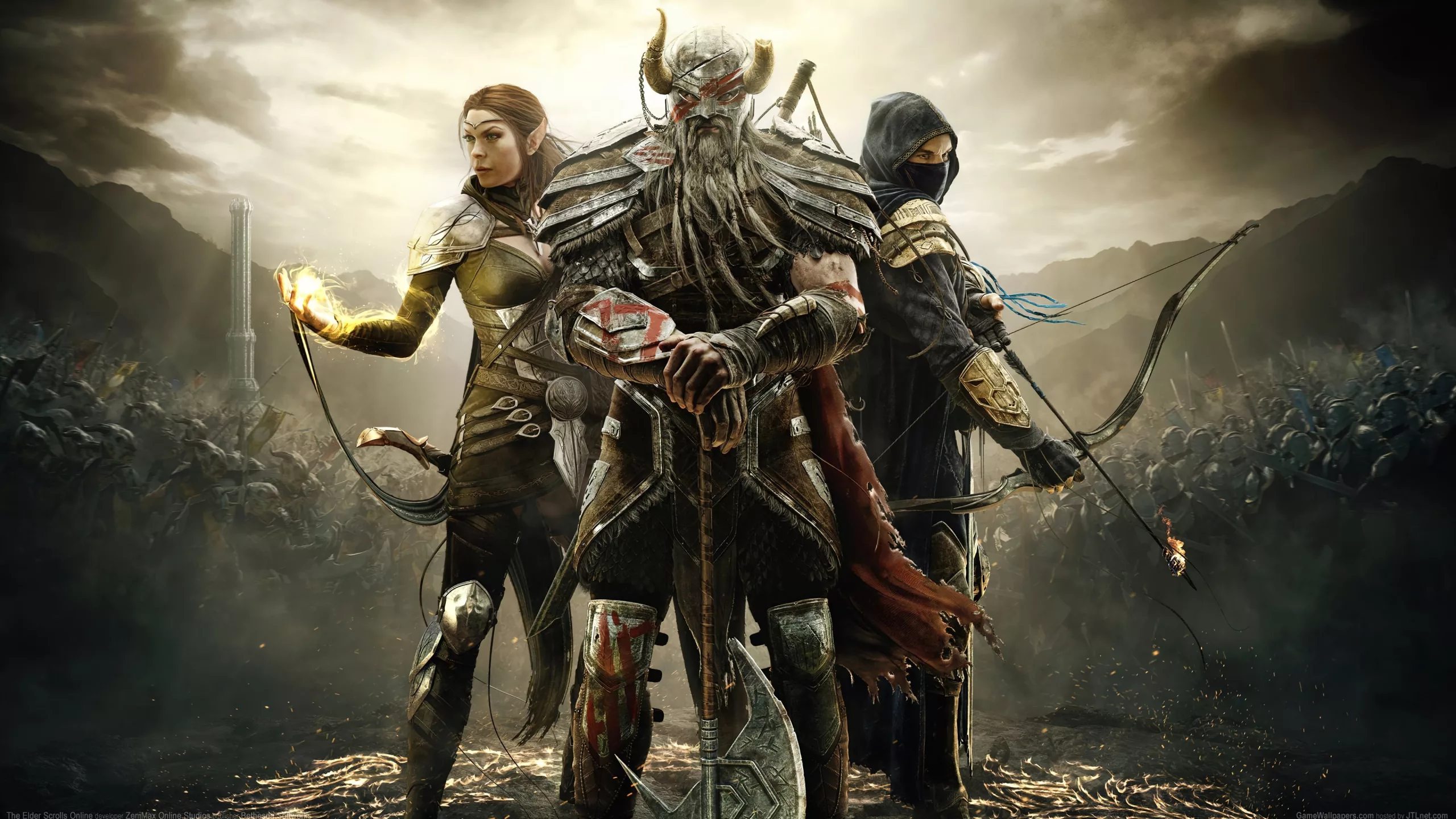 An artistic representation of Elder Scrolls Online showcasing cross-play features and modern gaming devices.