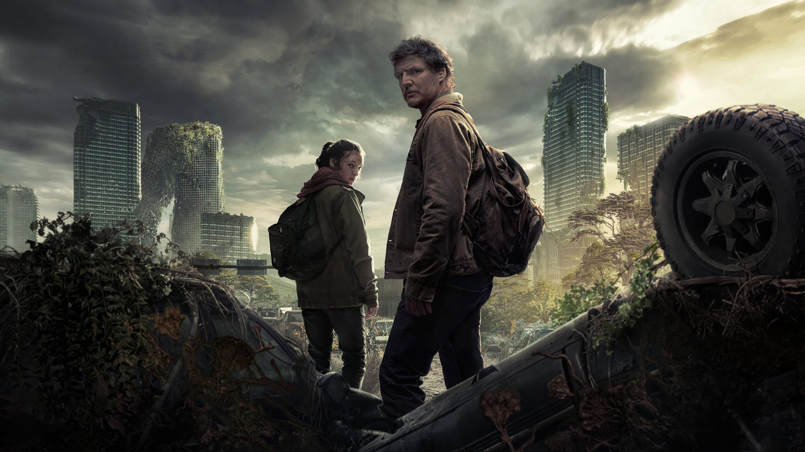A modern artistic interpretation of a DualSense controller themed around The Last of Us, set against a backdrop of a dystopian landscape.