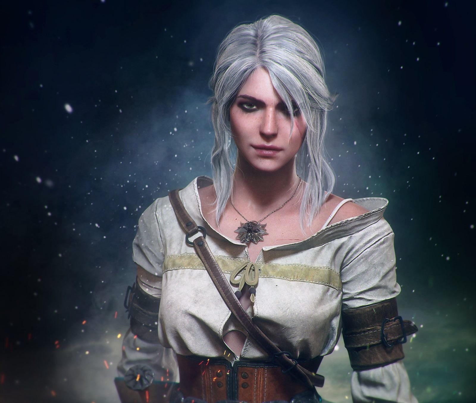 Illustration of Ciri from The Witcher IV in a magical forest setting, showcasing her sword and mystical energy.