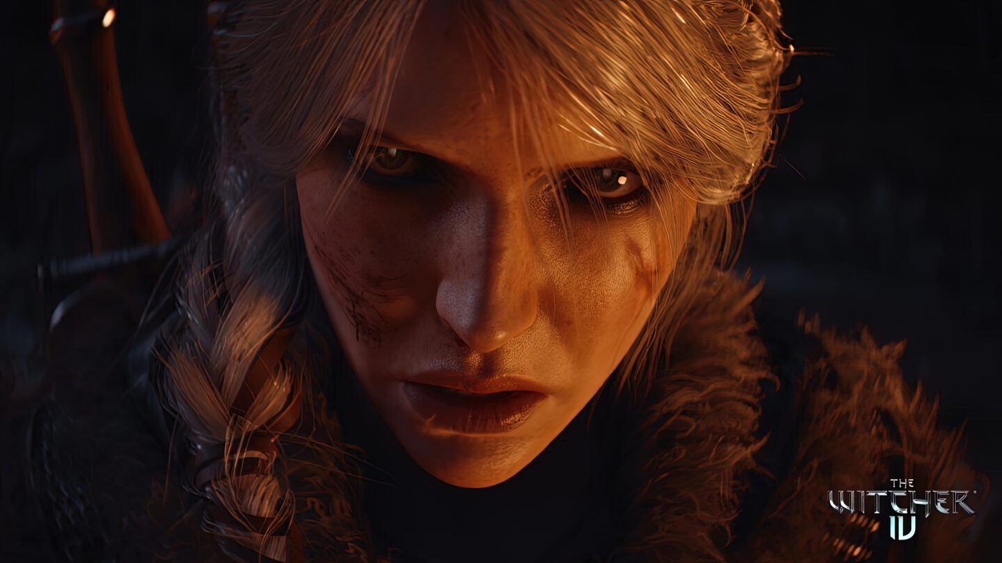 A modern and aesthetic representation of Ciri from The Witcher IV in a futuristic fantasy landscape.