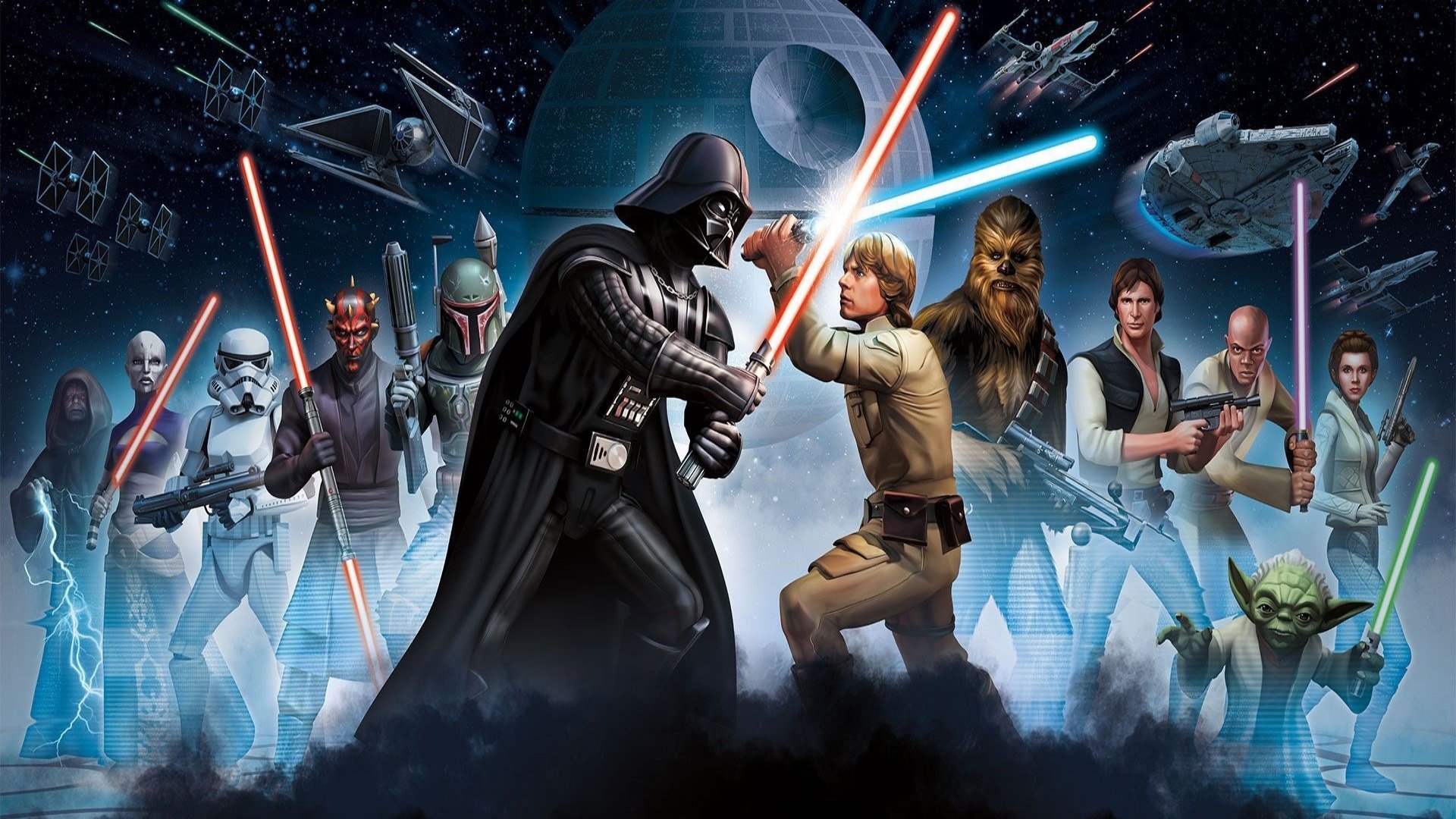 A modern digital artwork depicting the closure of Star Wars Hunters, featuring futuristic elements and a blend of Star Wars technology.