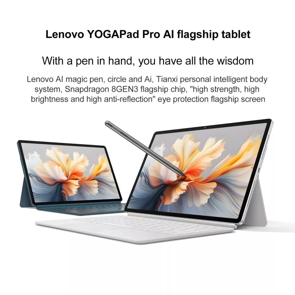 Modern and aesthetic visual representation of Lenovo Yoga Pad Pro 14.5 showcasing its features and SS1101 chipset.