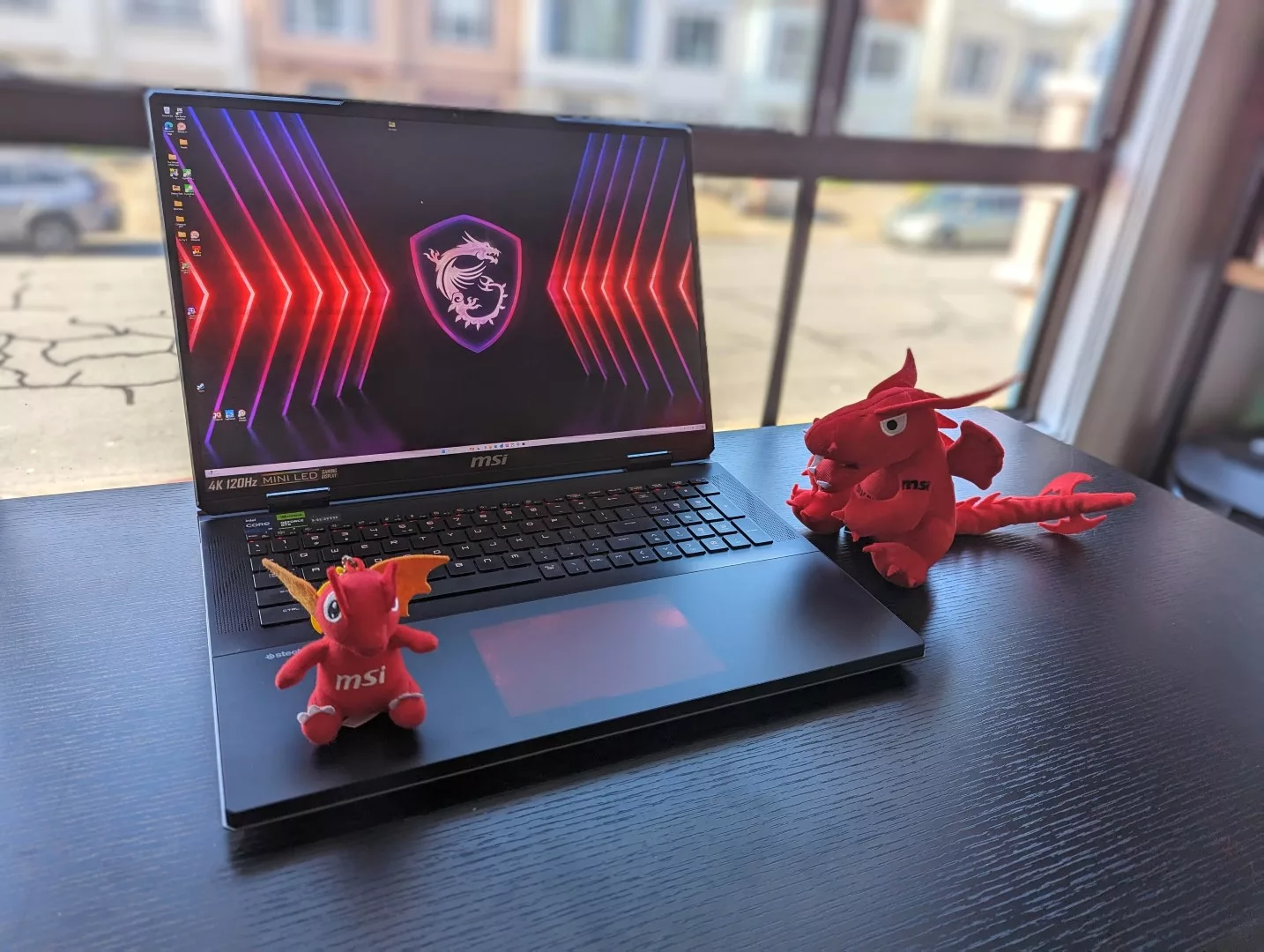 Futuristic MSI Titan 18 HX AI laptop illustration showcasing high-tech features and modern design.