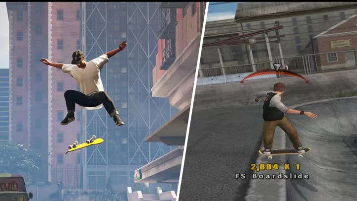 Modern digital artwork of a skate park representing the remake of Tony Hawk's Underground, showcasing vibrant colors and skateboarding action.