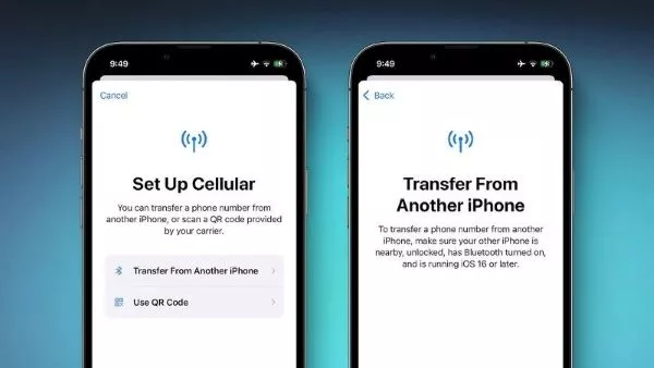 A high-quality graphic illustrating the eSIM transfer process from iOS 19 to Android, featuring modern smartphones and technology elements.