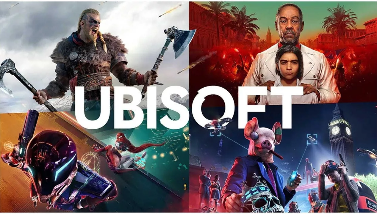 A creative digital artwork showcasing Ubisoft's single-player games requiring internet connectivity, featuring iconic characters and futuristic tech elements.