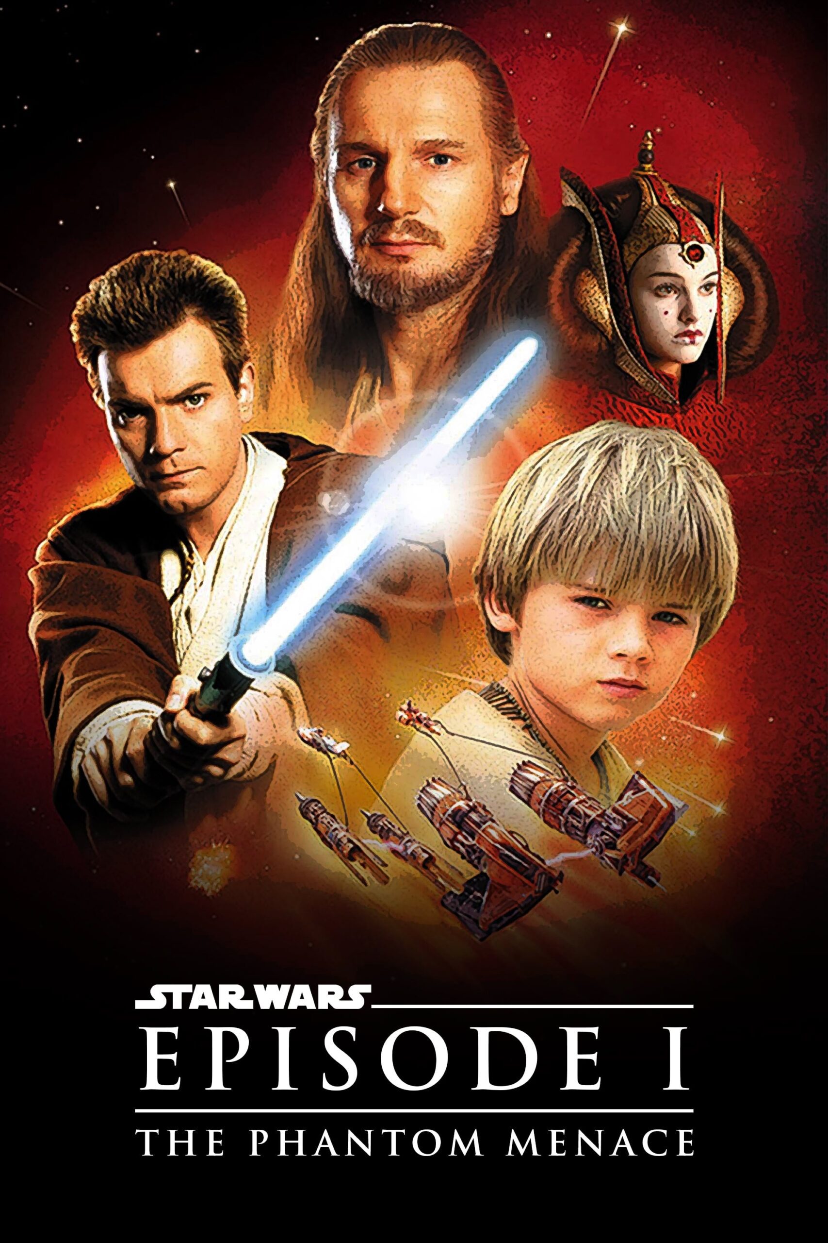 A vibrant digital artwork featuring elements from Star Wars Episode I, showcasing Jedi knights and starships with holographic cheat codes.