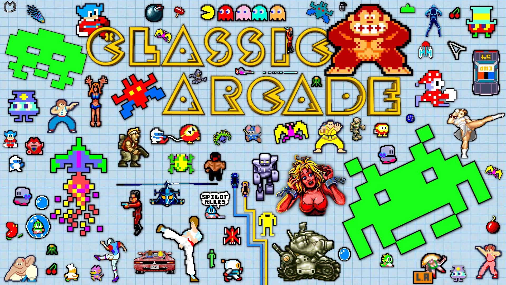 A modern artistic rendition celebrating 80s and 90s classic video games with neon colors and retro gaming elements.