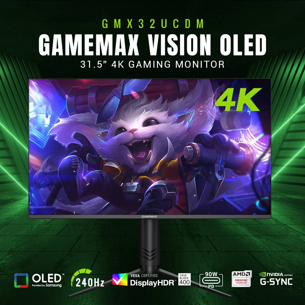 A futuristic gaming setup featuring the GAMEMAX VISION GMX32UCDM 4K QD-OLED monitor with a 240Hz refresh rate, surrounded by modern gaming peripherals and ambient lighting.