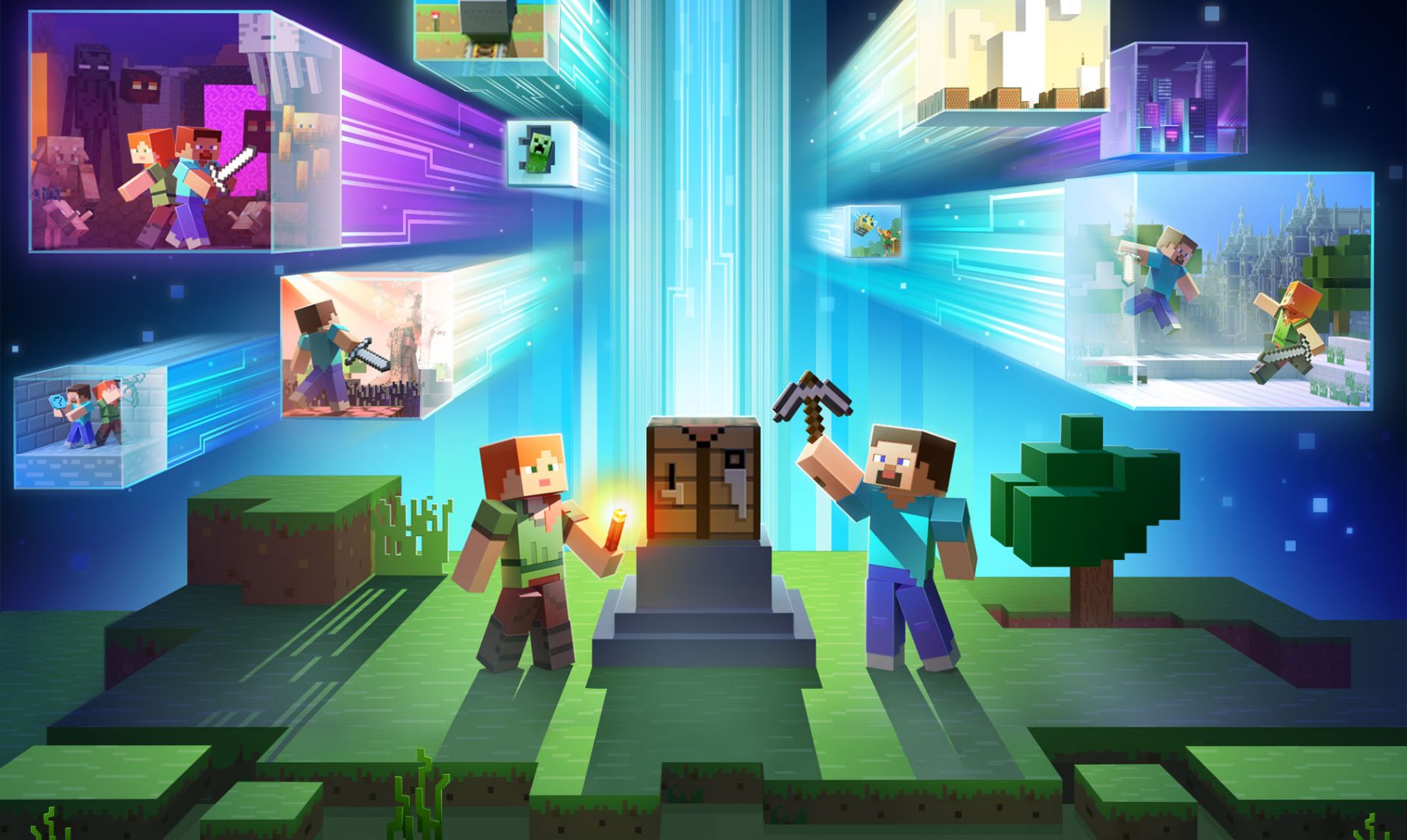Digital illustration of a Minecraft player locator device in a high-tech environment, highlighting player locations on a vibrant map.