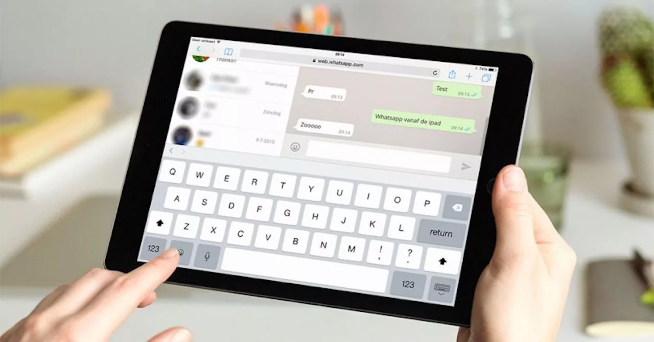 An illustration of the WhatsApp interface on an iPad, surrounded by technological designs representing innovation and connectivity.