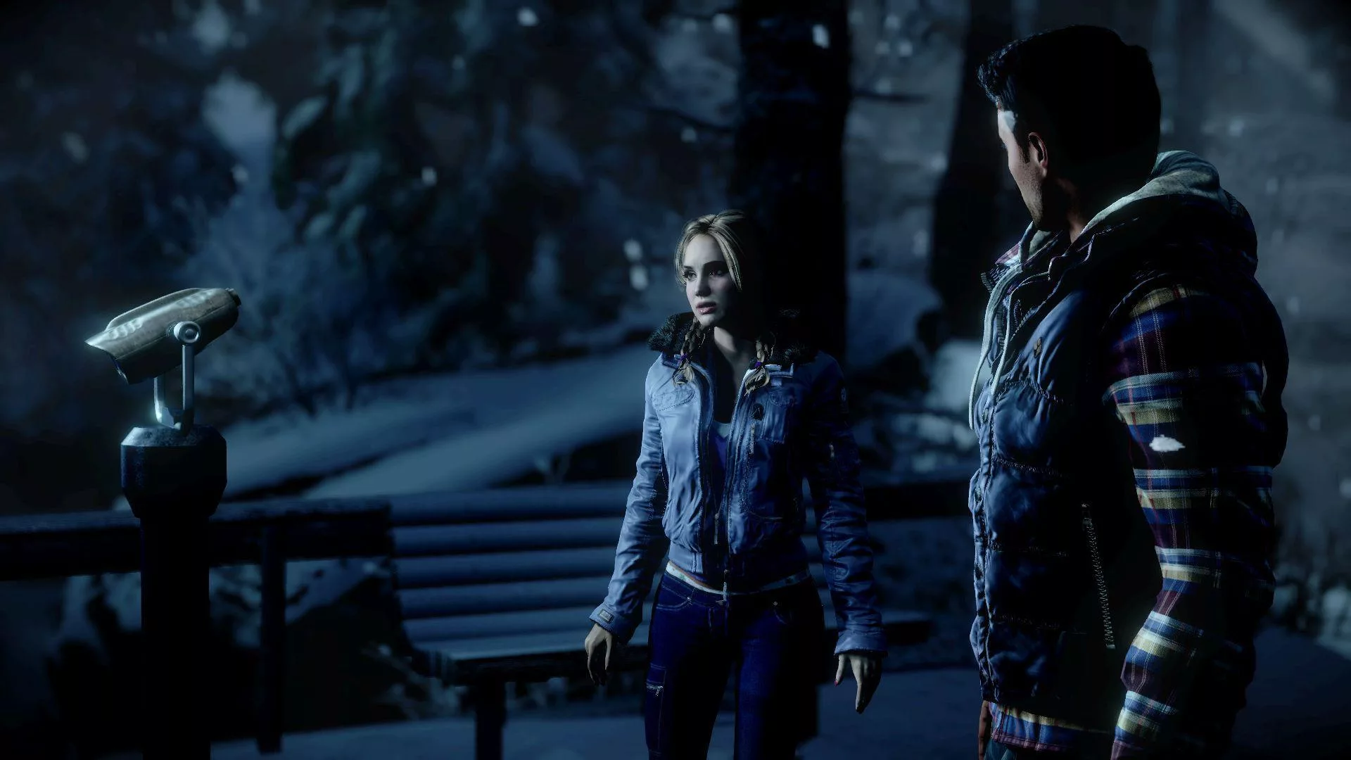 Atmospheric representation inspired by Until Dawn, depicting horror elements in a snowy mountain setting with a cabin and dark figures.